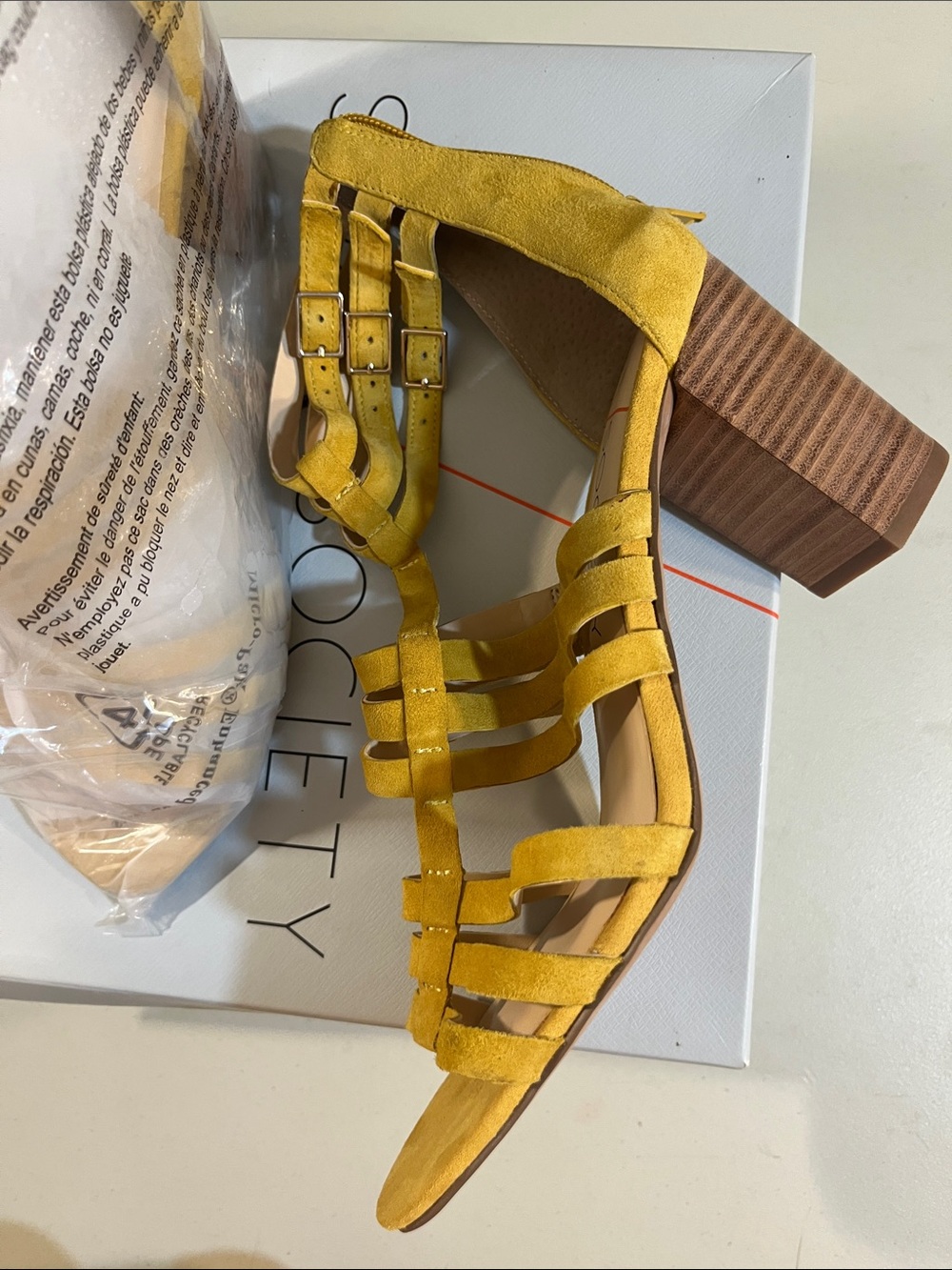 Sole Society Mustard Suede Strappy Block Heel Sandal